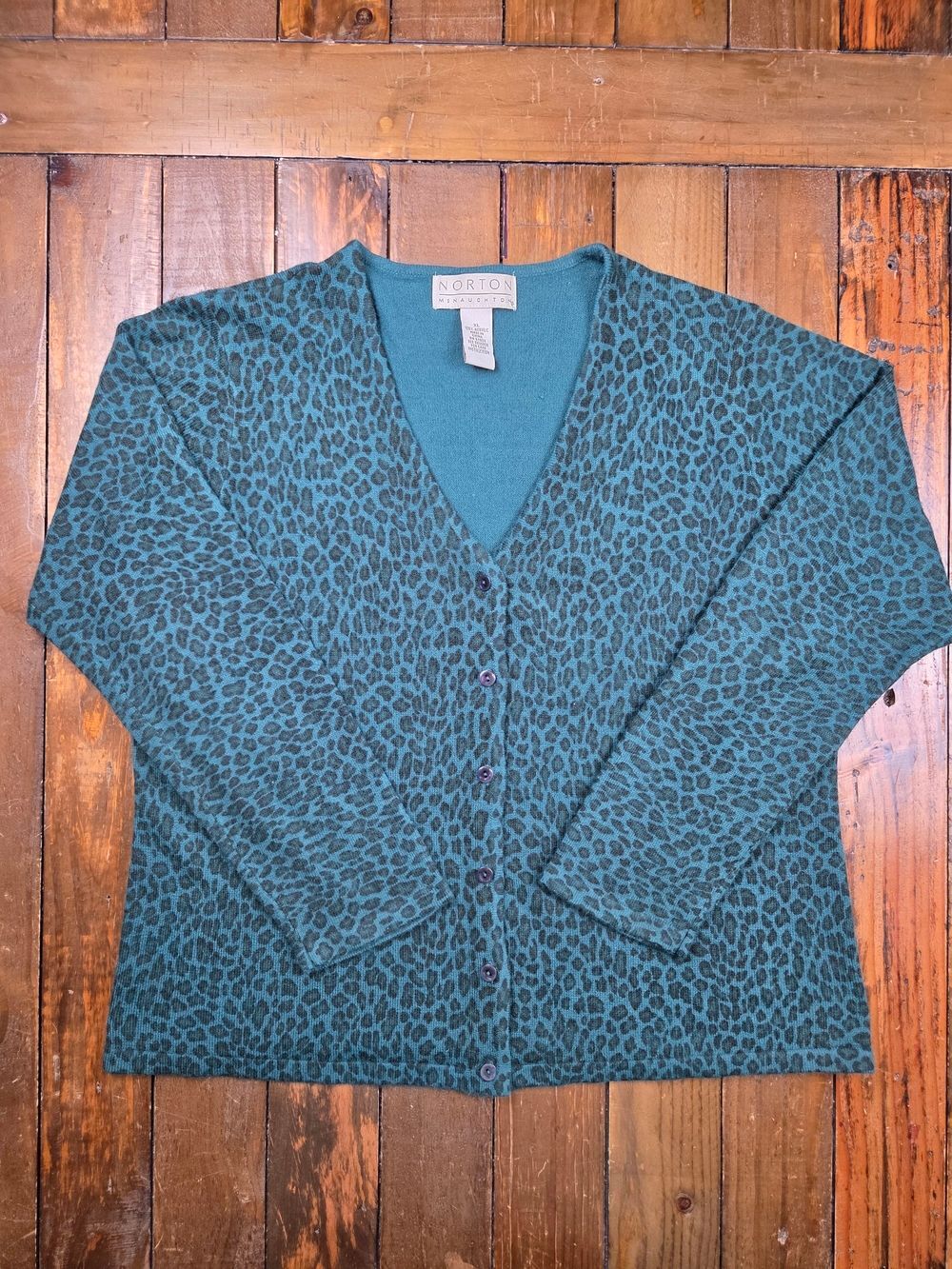 Norton McNaughton Womens Teal Leopard Print Cardigan Button Up Size XL